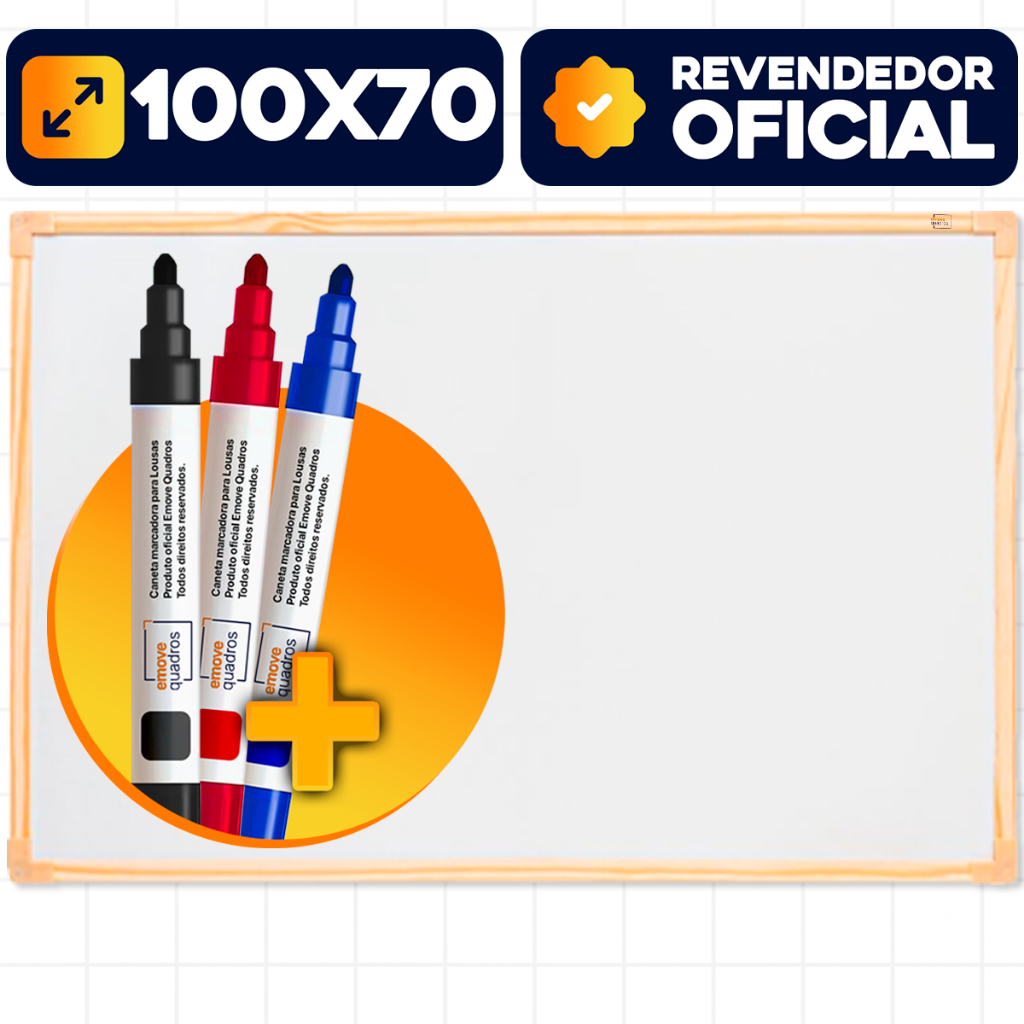 Lousa Branca Quadro Branco Grande 100x70 cm Moldura Madeira Anotação Aula + 3 Canetas Coloridas