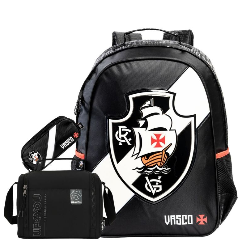 Kit Conjunto Escolar Infantil Menino Futebol Time Vasco Mochila de Costas + Lancheira + Estojo Duplo