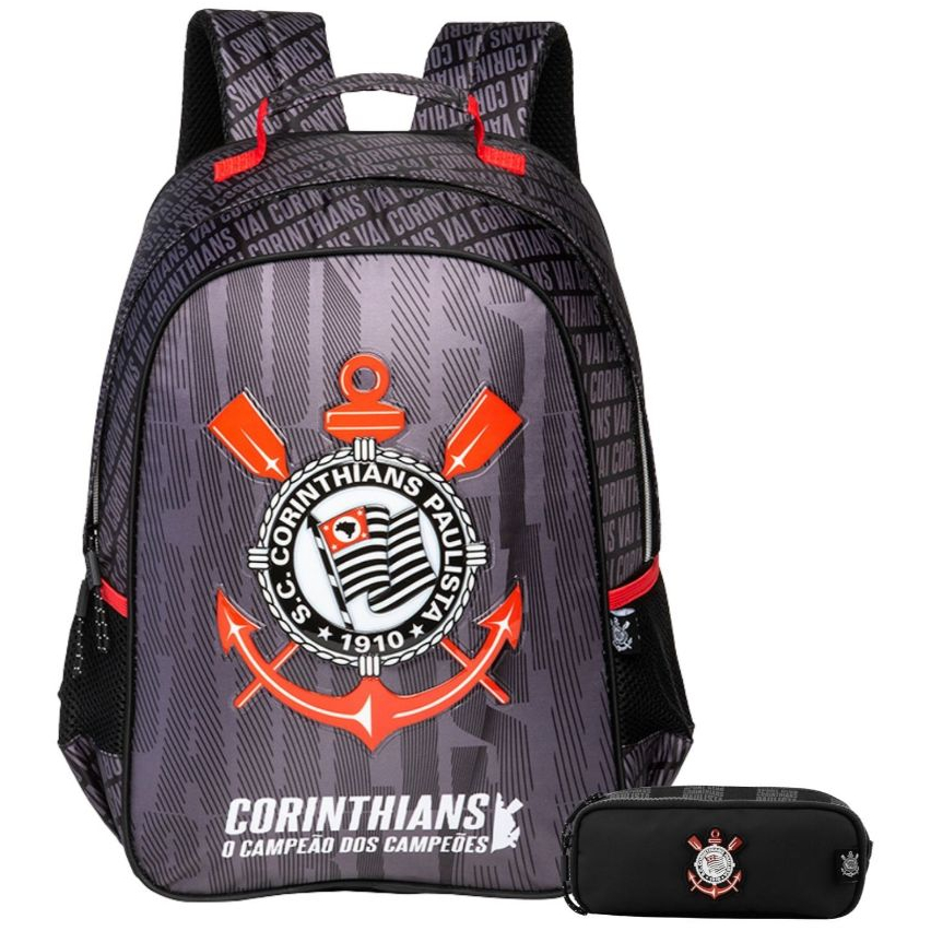 Kit Conjunto Escolar Infantil Menino Futebol Time Corinthians Timão Mochila de Costas + Estojo Duplo