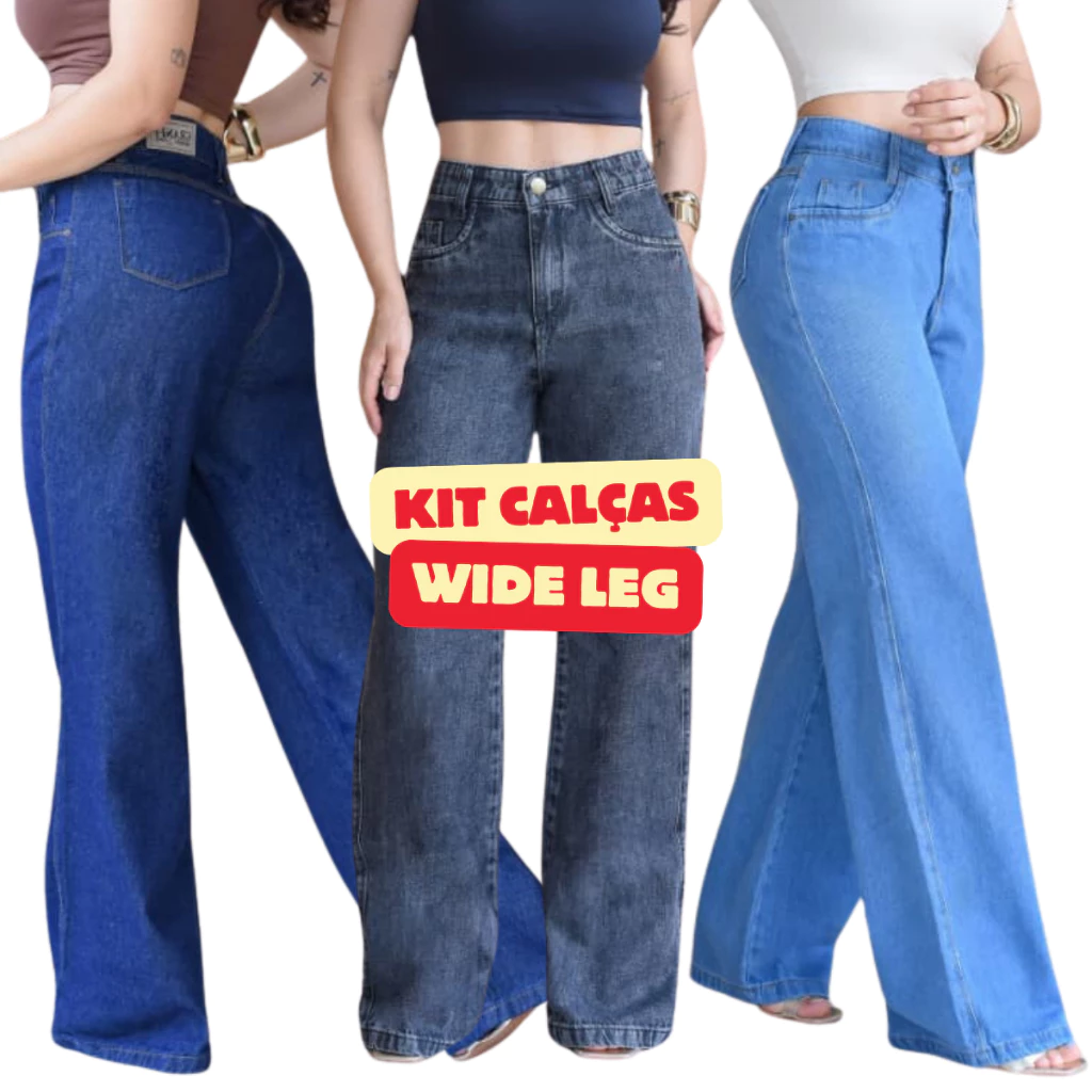 Kit Calça Wide Leg Jeans Pantalona Feminina Cos Alto Carbono Clara e Escura Flare