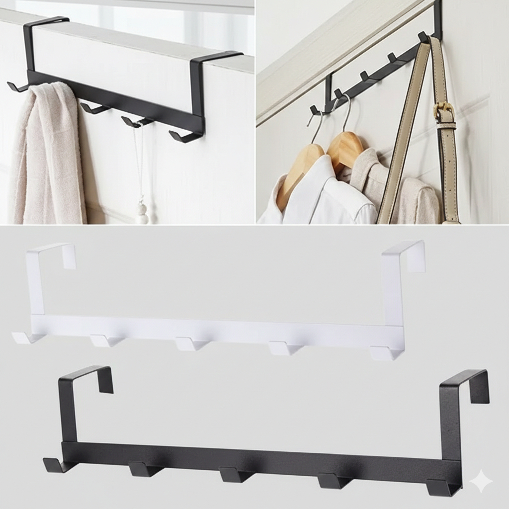 Suporte Cabide Para Porta Com 5 Ganchos 6,3 x 7,5 x 29cm Multiuso Organizador Utensilio De Casa Branco e Preto em Oferta na Shopee