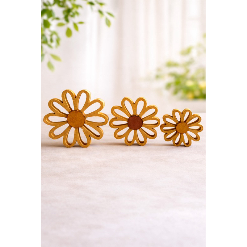 Trio Margarida em MDF Cru | Kit Flores Decorativas Artesanato Pintável Decoração Festa Jardim Painel Scrap