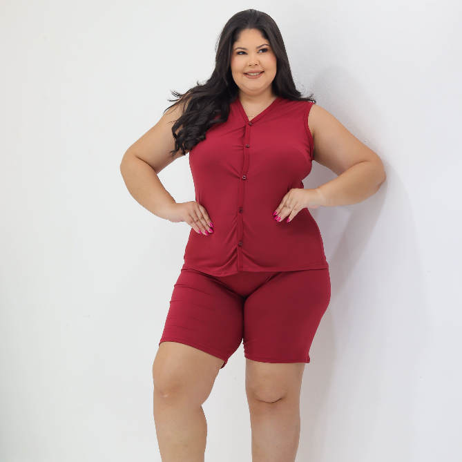 Pijama Feminino Plus Size Suede Liso – Regata com Botões e Short Confortável