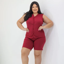 Pijama Feminino Plus Size Suede Liso – Regata com Botões e Short Confortável