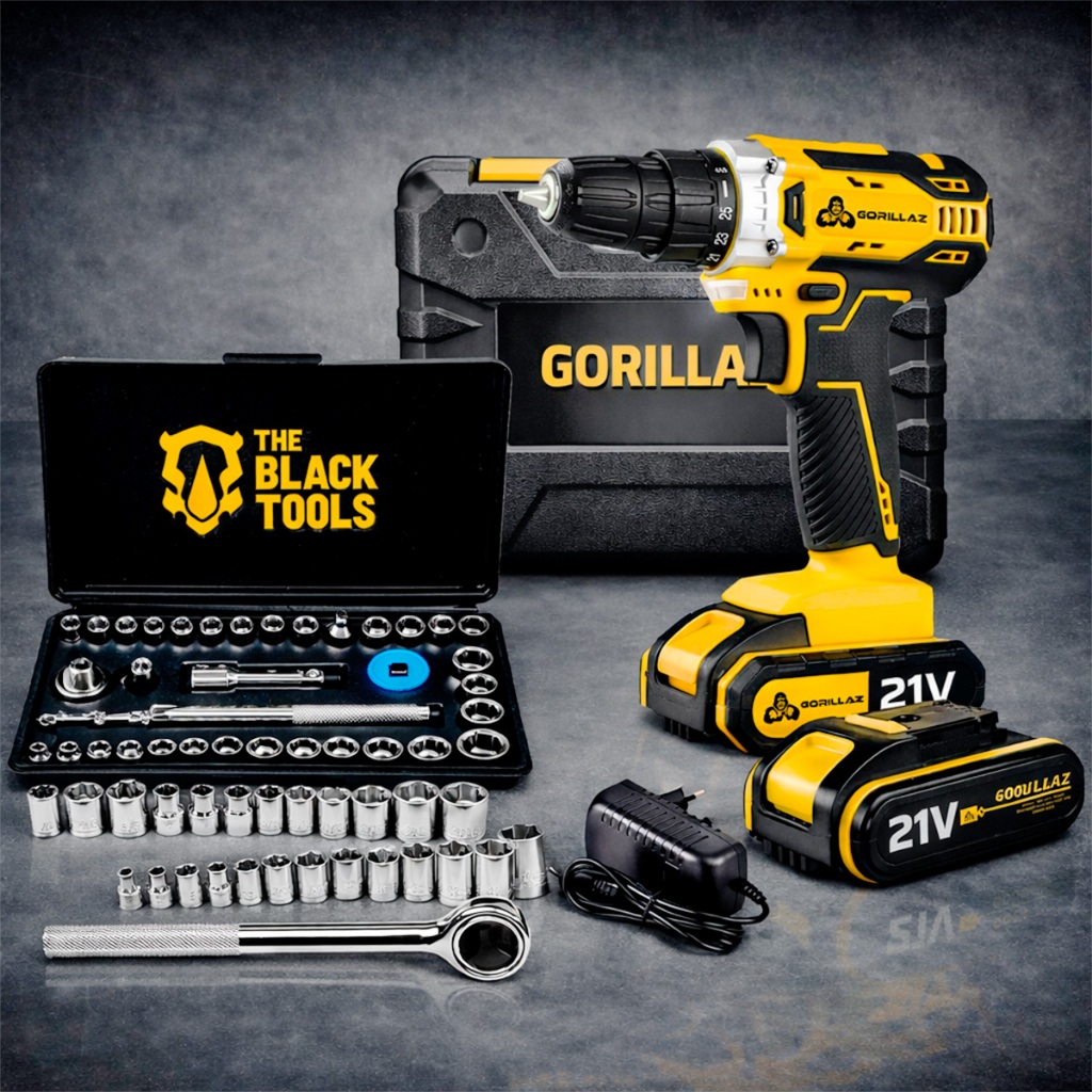 Parafusadeira Furadeira De Impacto Sem Fio 2 Bateria 21v 3/8 10mm C/ Maleta 300 Pçs Brocas E Buchas