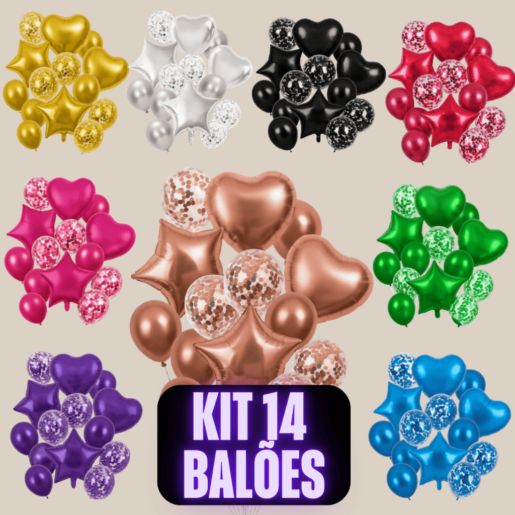 Kit Buque Balão c/ 14 Peças Metalizado e Látex Coração Estrela Confete Liso Aniversário Festa Evento