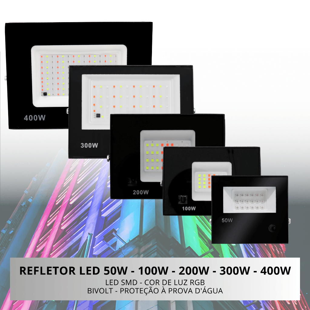 Refletor Led Holofote  Rgb Colorido 50w/100w/200w/300w/400w  Bivolt C/ Controle em Oferta na Shopee