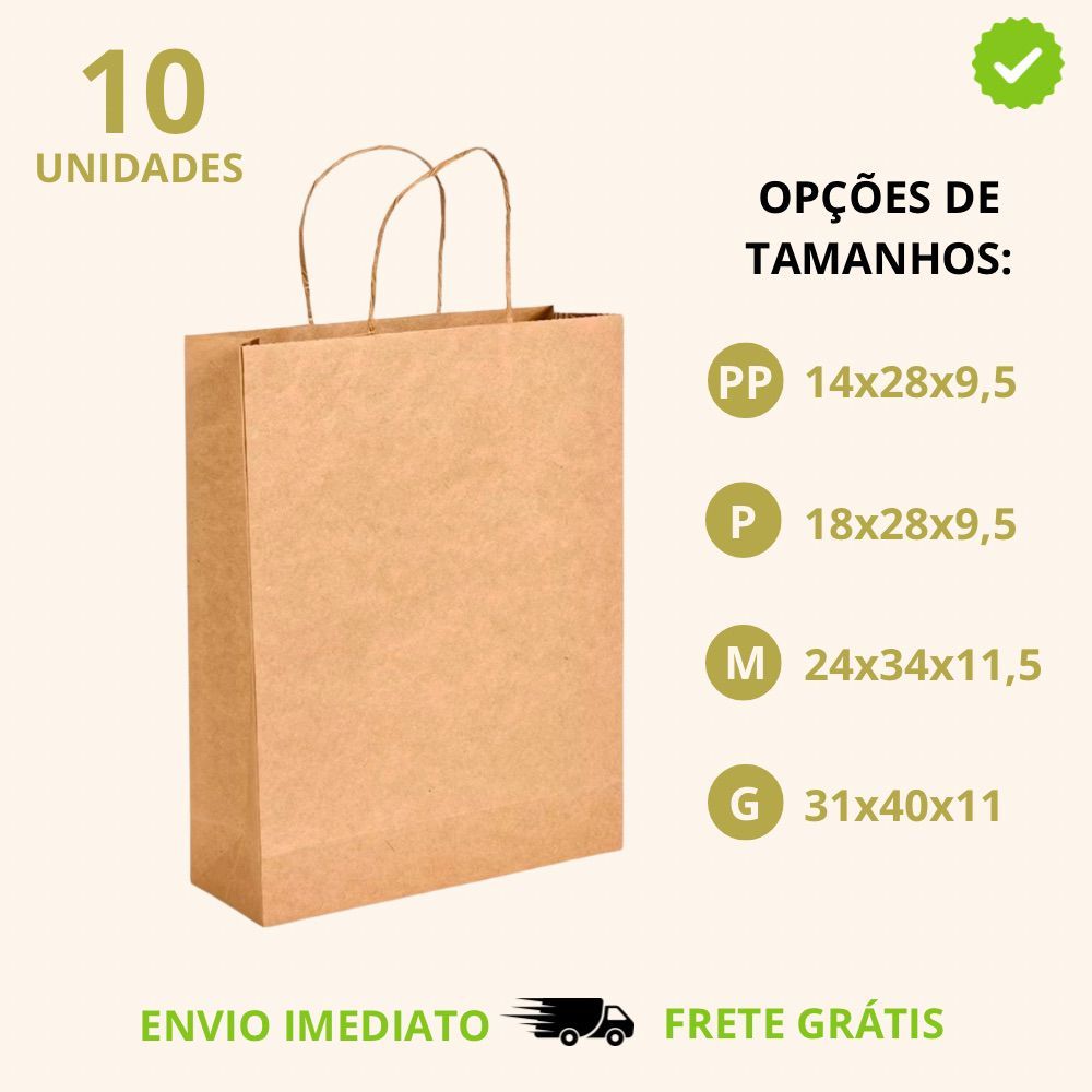 Sacola Papel Kraft 80g | Pacote c/ 10 Unidades | Escolha Seu Tamanho em Oferta na Shopee