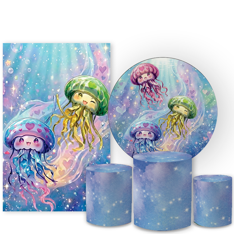 Kit Capa Painel Redondo + Trio Cilindro P M G Decoração Festa Infantil Águas Vivas Cute Fundo do Mar