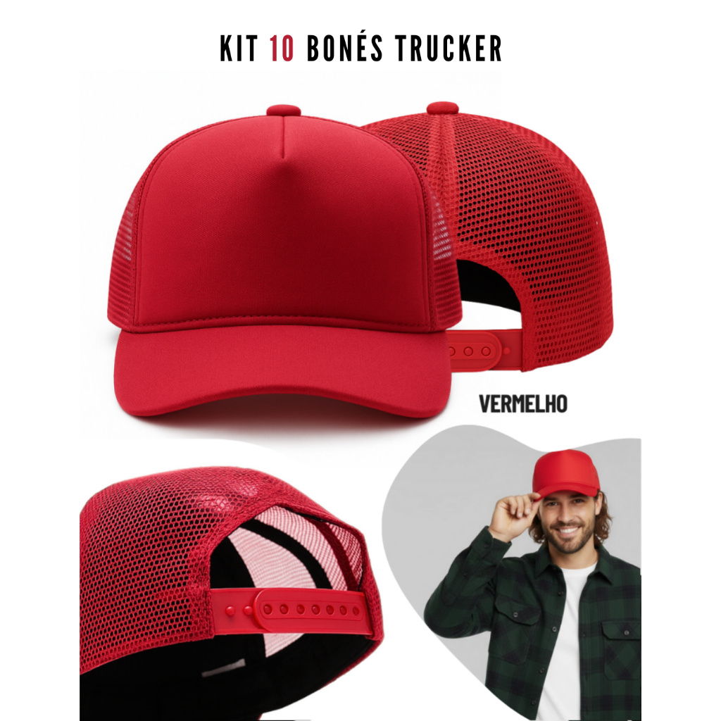 KIT 10 Bonés Vermelho Trucker sem estampa Unissex em Oferta na Shopee