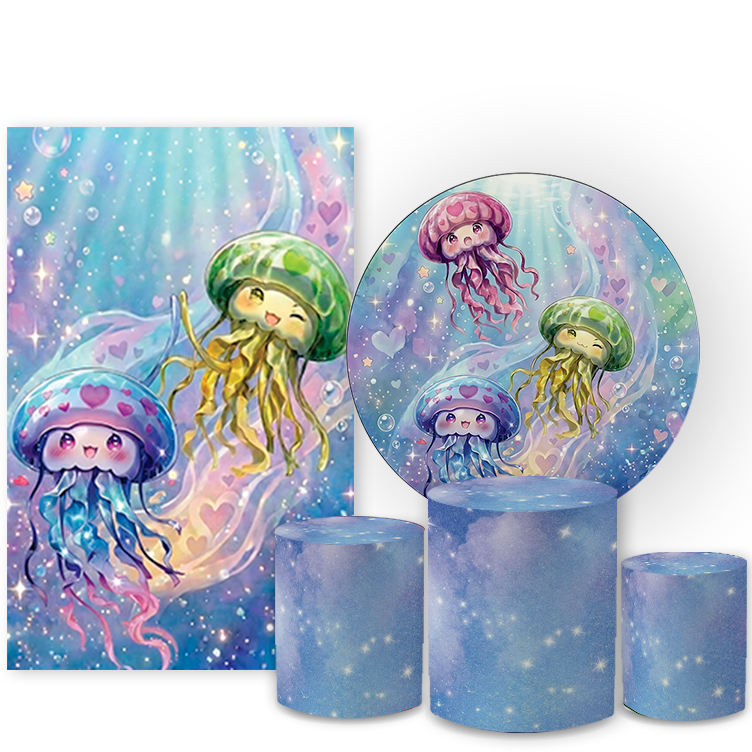 Kit Capa Painel Redondo + Trio Cilindro P M G Decoração Festa Infantil Águas Vivas Cute Fundo do Mar