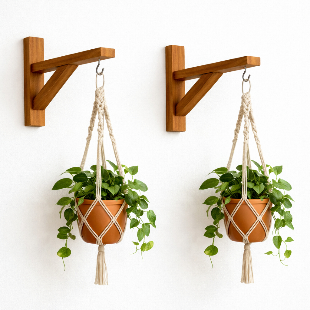 Kit 2 Suportes Suspensos Pendente para Vaso de Plantas em Madeira Jardim Vertical Mão Francesa