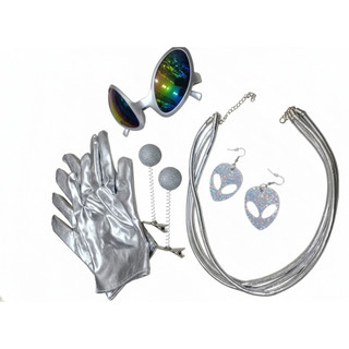 Kit Acessórios Fantasia Alien Alienígena ET Extraterrestre Espacial Cosplay Óculos Brincos Colar Luvas Presilhas