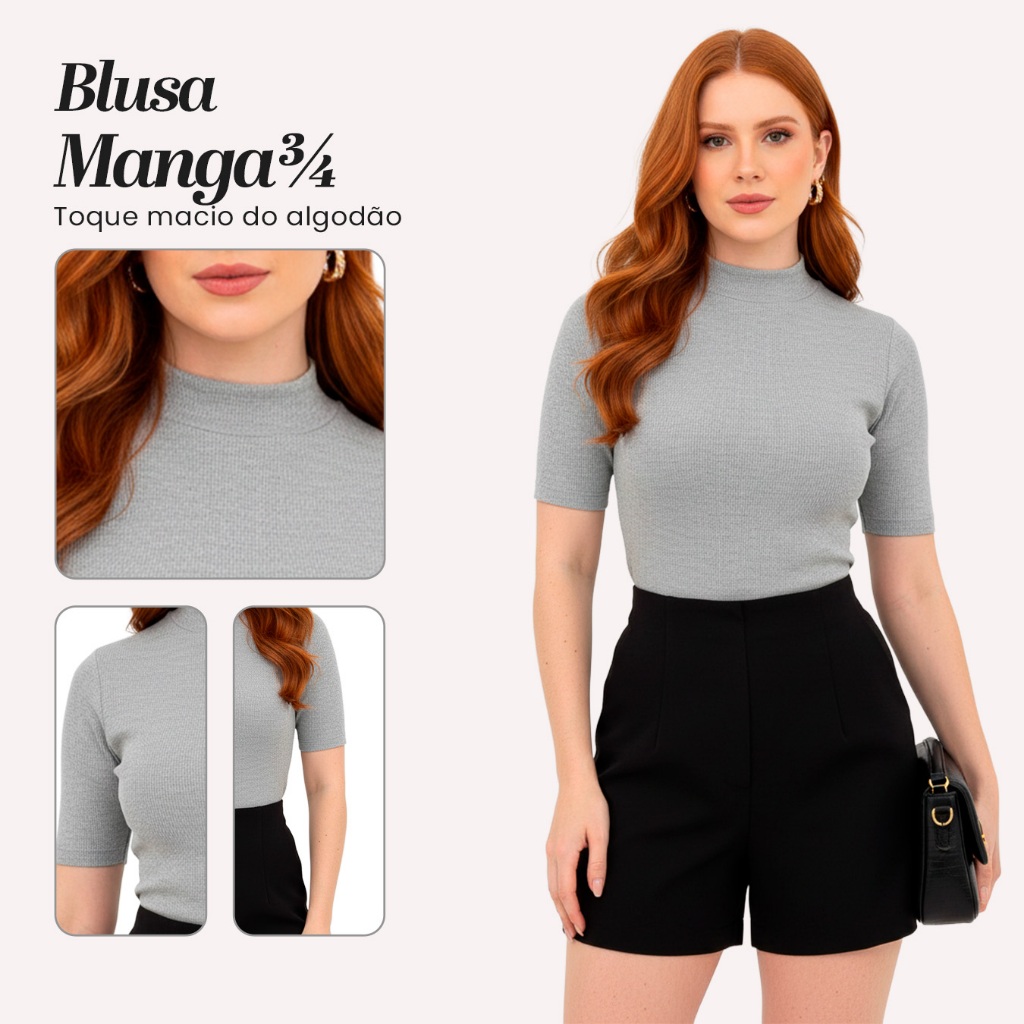 Blusa Gola Alta Ribana Canelada Manga 3/4 em Algodão - Camisa Básica Feminina Casual em Oferta na Shopee