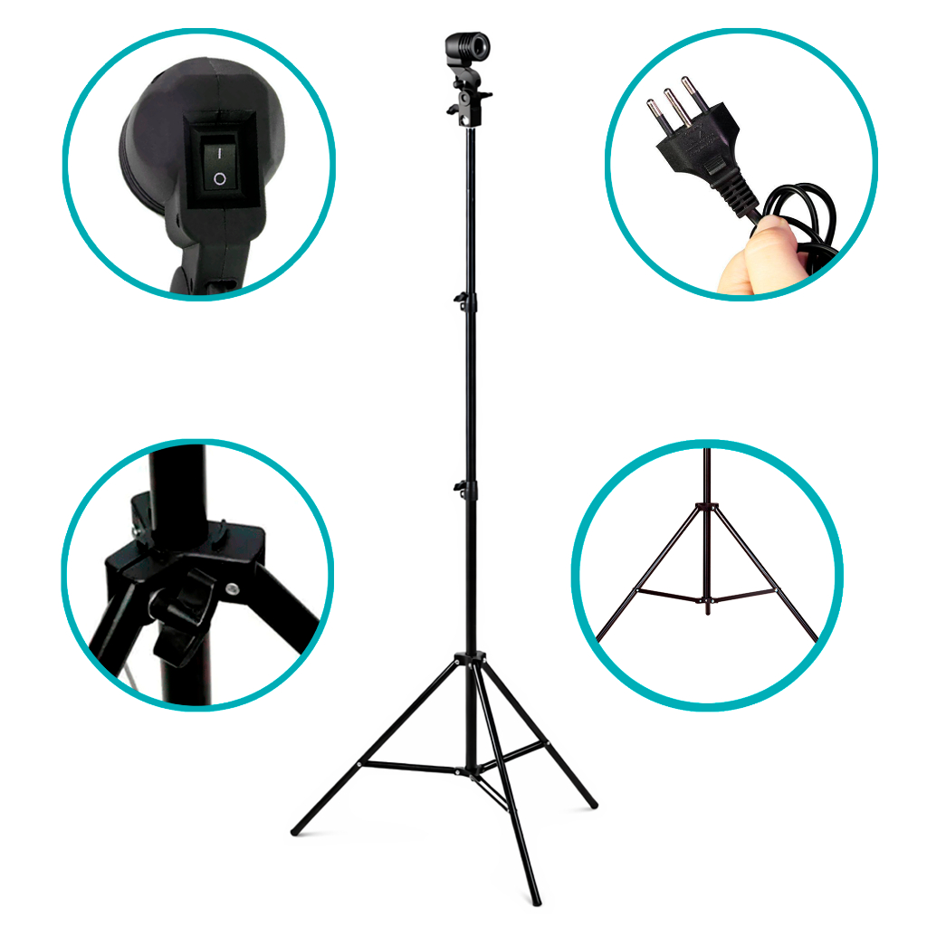 Kit de Iluminação p/ Polimento com Tripé 2m e Soquete Articulado E27 p/ Estética Automotiva