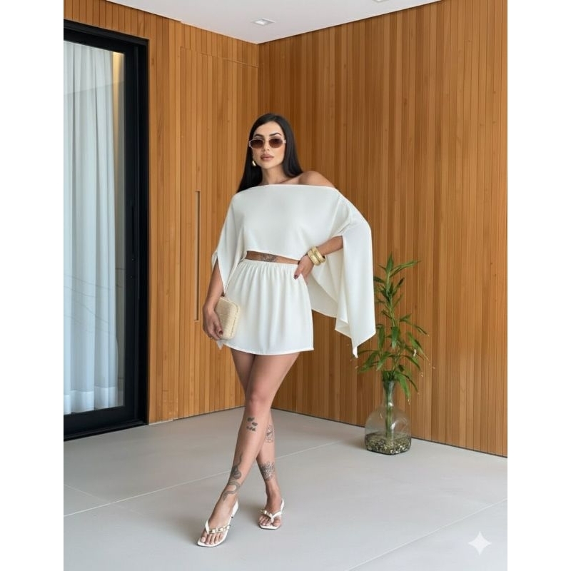 CONJUNTO TOP CAPA E SHORT SAIA em Oferta na Shopee