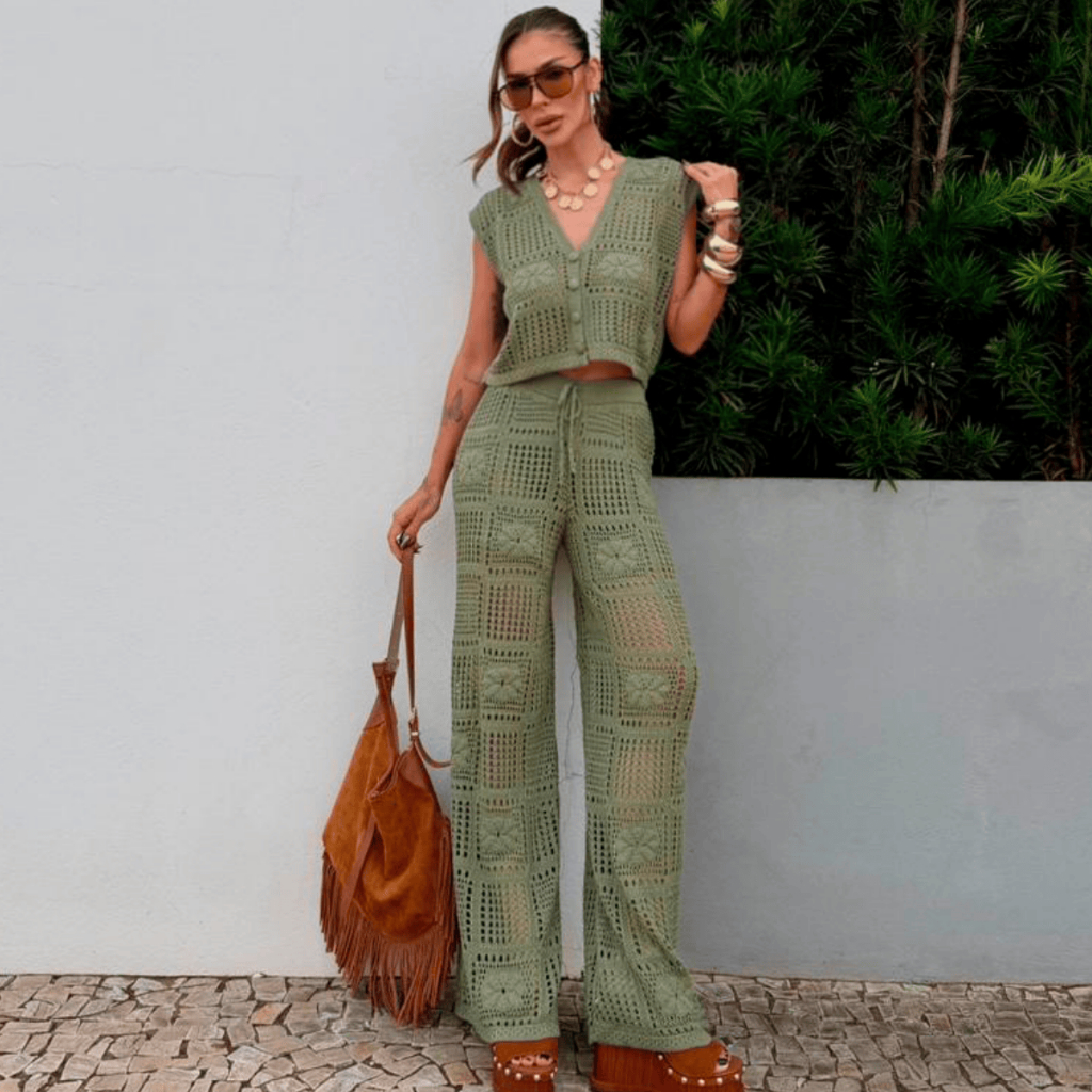Conjunto Elegante Feminino Blusa Regata Colete Cropped Botão Vazado Calça Solta Casual Blogueira