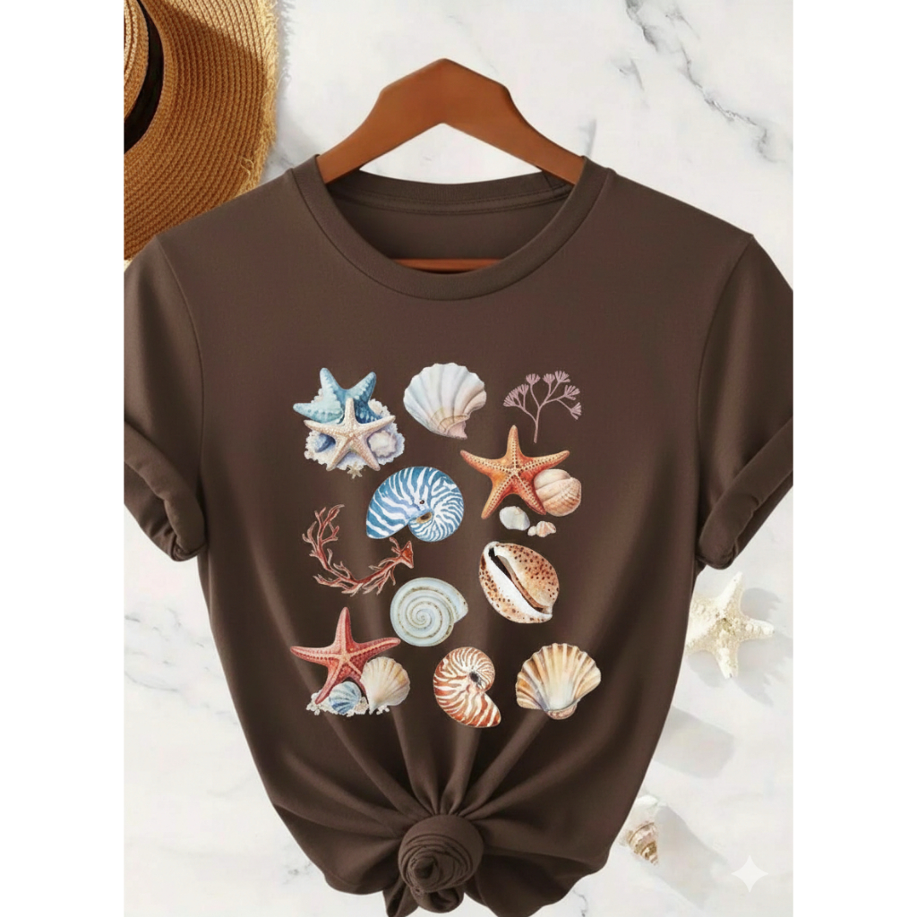 Camiseta Algodão Feminina Adulto Fundo Do Mar Concha Estrela Corais Caramujo Streeatwear Moda147