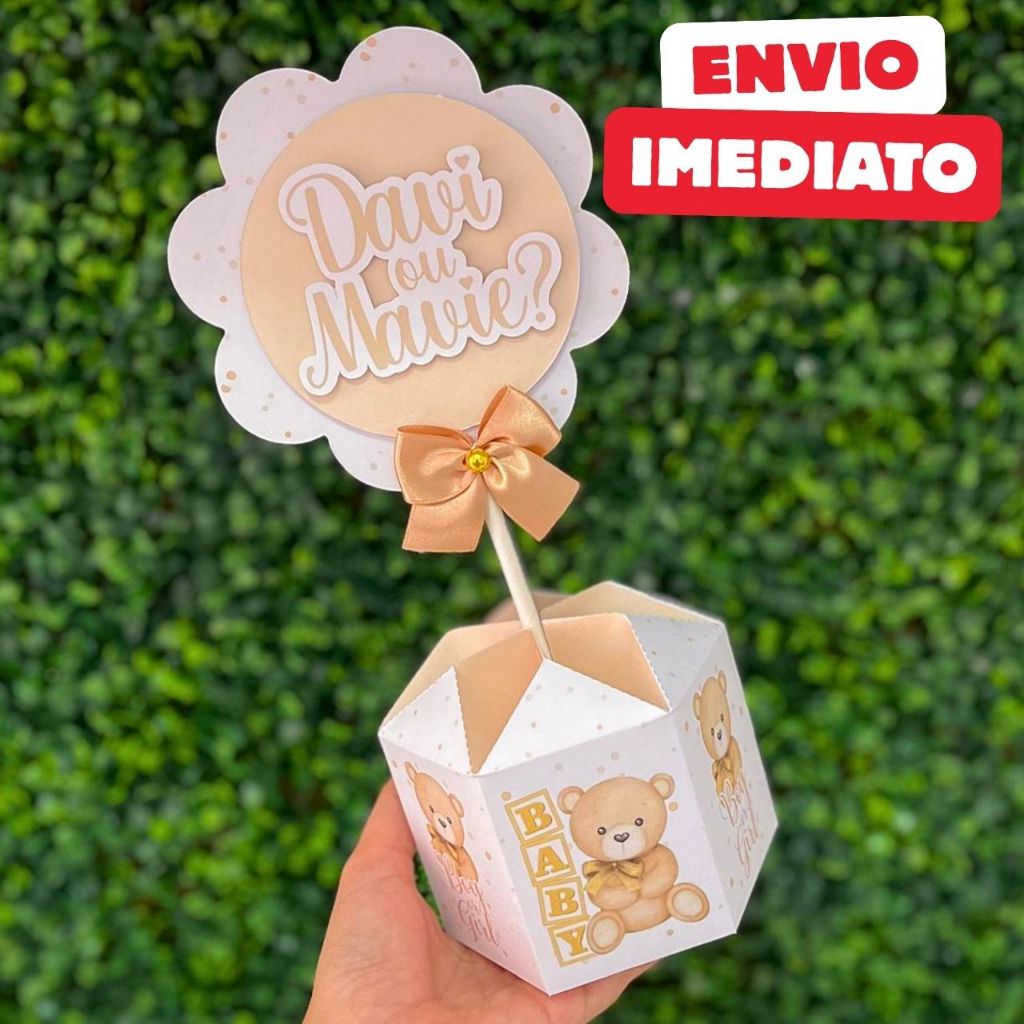 ENVIO RÁPIDO Centro mesa Chá Revelação Bebê Ursinho Bege Arranjo Enfeite Lembrancinha personalizada