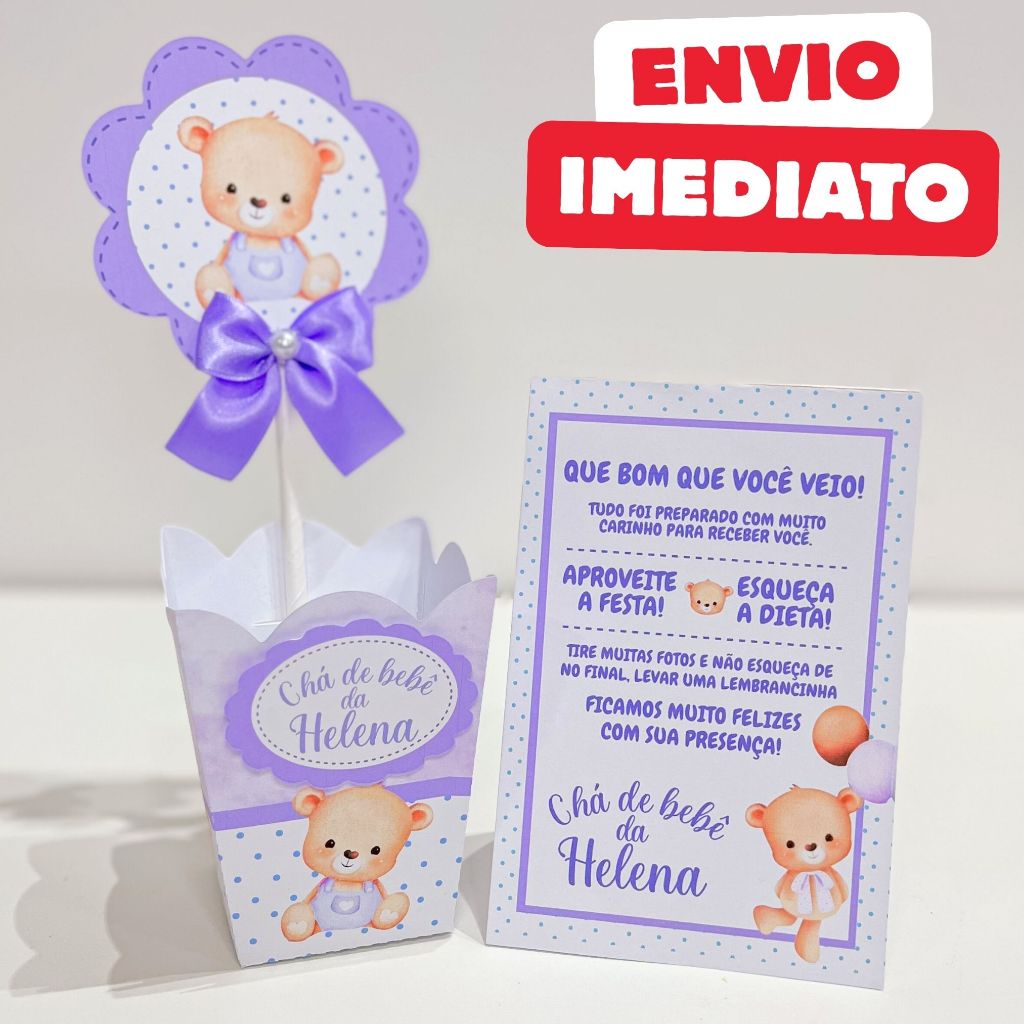 ENVIO RÁPIDO Kit Centro de mesa Chá de Bebê Ursinha Lilás Personalizado Enfeite Cachepô Lembrancinha