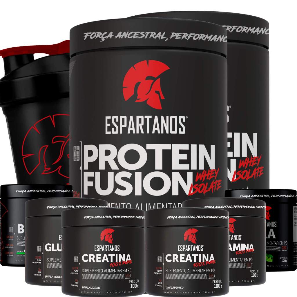 Kit 2x Whey Protein Fusion + 2x Bcaa + 2x Creatina + 2x Glutamina + Coqueteleira - Espartanos em Oferta na Shopee