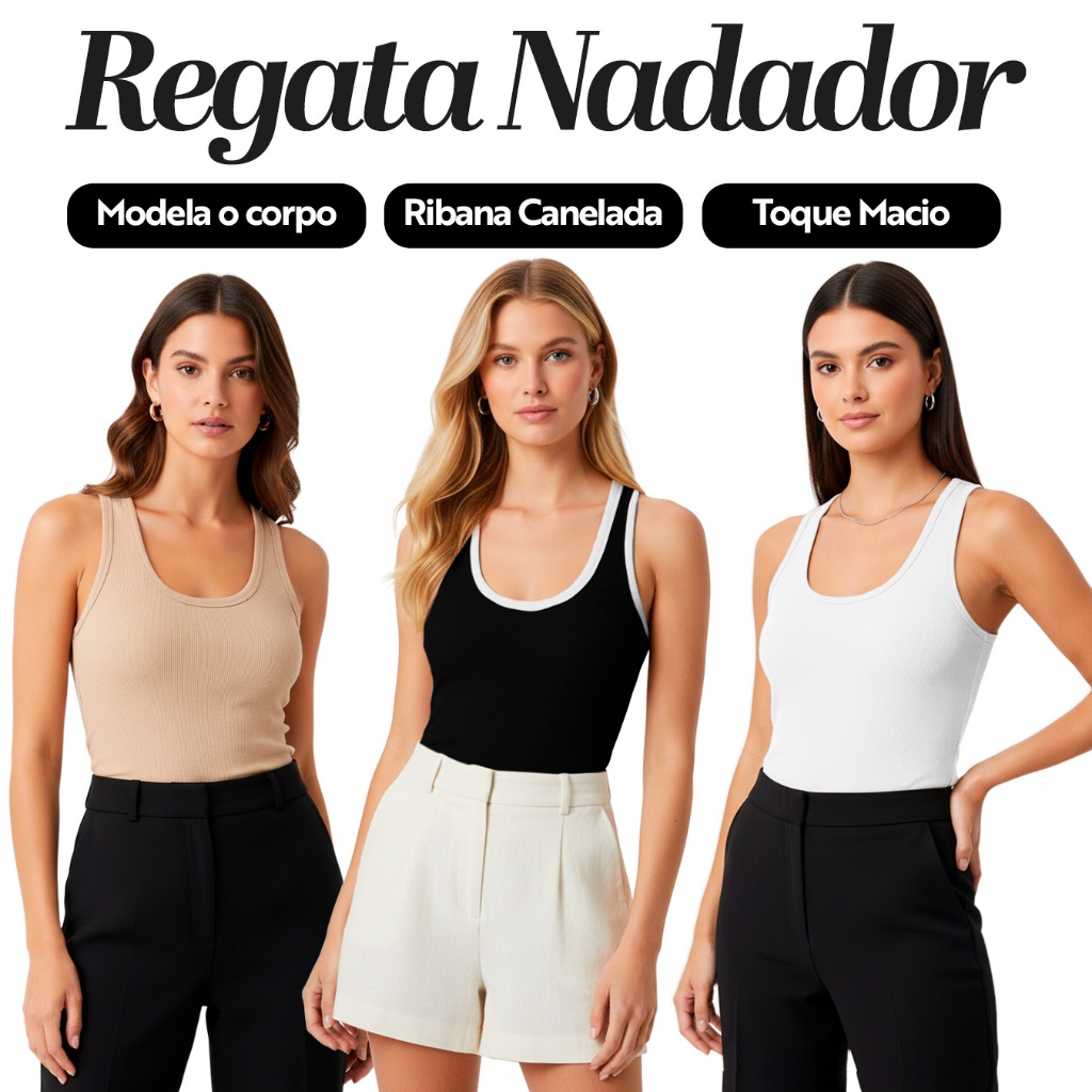 Kit 3 Regatas Nadador Femininas em Ribana - Regata Básica Feminina em Oferta na Shopee