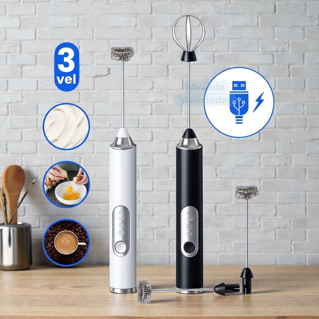 Mixer Batedor Misturador Elétrico para Bebidas Leite Café  Suco Vitamina Fitness Clara de Ovo 2 em 1