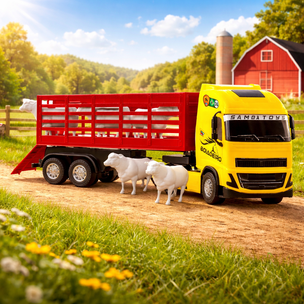 Brinquedo Caminhão Boiadeiro Com Boizinhos e Carreta Brinquedo Infantil Faz De Conta