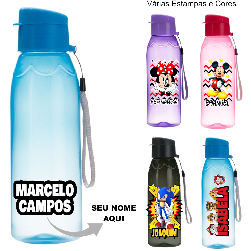 Garrafa Plástico Personalizada Com Nome Squeeze 700ml Água Gelada para Criança Com Tampa