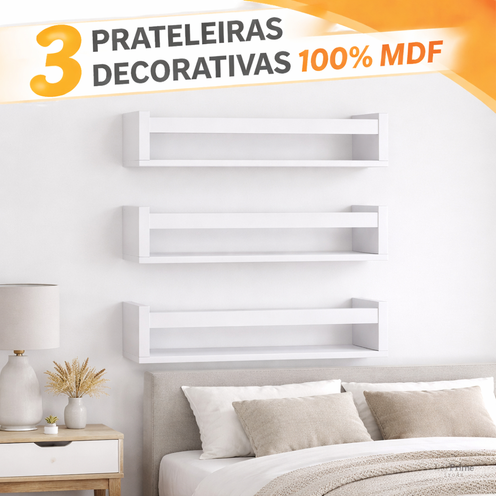 3 Prateleiras Decorativas Parede 100% MDF Branco Nicho Parede Sala Cozinha Livros Quarto Escritorio