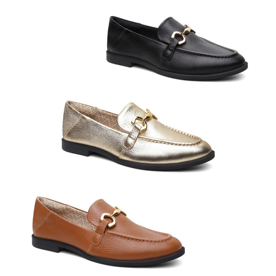 Mocassim Feminino Vittal Couro Legítimo Fivela Dourado Leve Macio Elegante