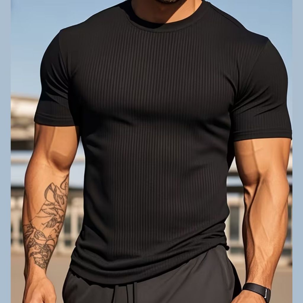 Camiseta Masculina Canelada Americana gola redonda Slim Fit Casual Academia dia dia malha elástica