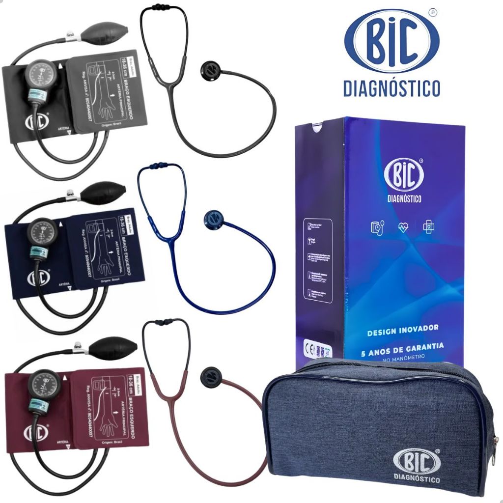 Estetoscópio Duplo Inox Eternity Profissional BIC + Esfigmomanômetro Completo BIC Cinza Azul Vinho