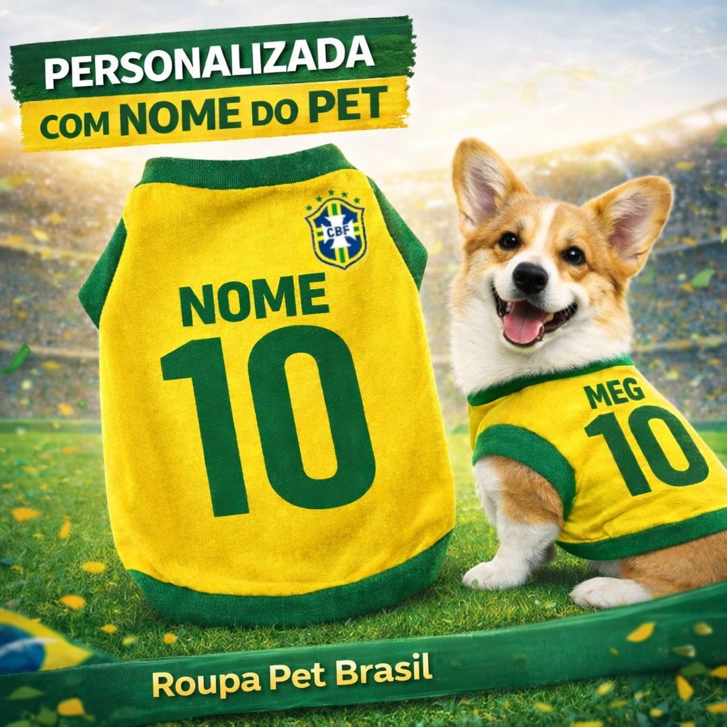 Roupa Pet Personalizada Brasil para Cachorro com Nome Copa 2026
