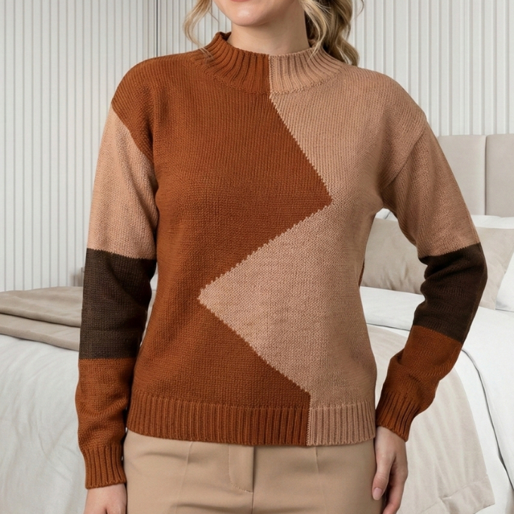 Blusa Feminina Tricot Manga Longa Tricolor Inverno Casual Básica