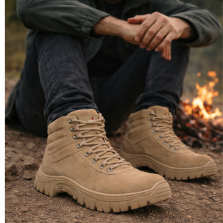 Coturno Masculino Casual Militar Couro Areia Cano Curto Conforto Diário