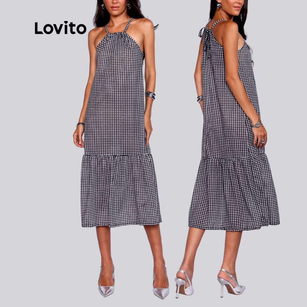 Lovito Vestido Feminino Midi Reto Estampa Xadrez DRB15671597 em Oferta na Shopee
