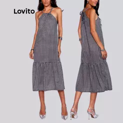 Lovito Vestido Feminino Midi Reto Estampa Xadrez DRB15671597