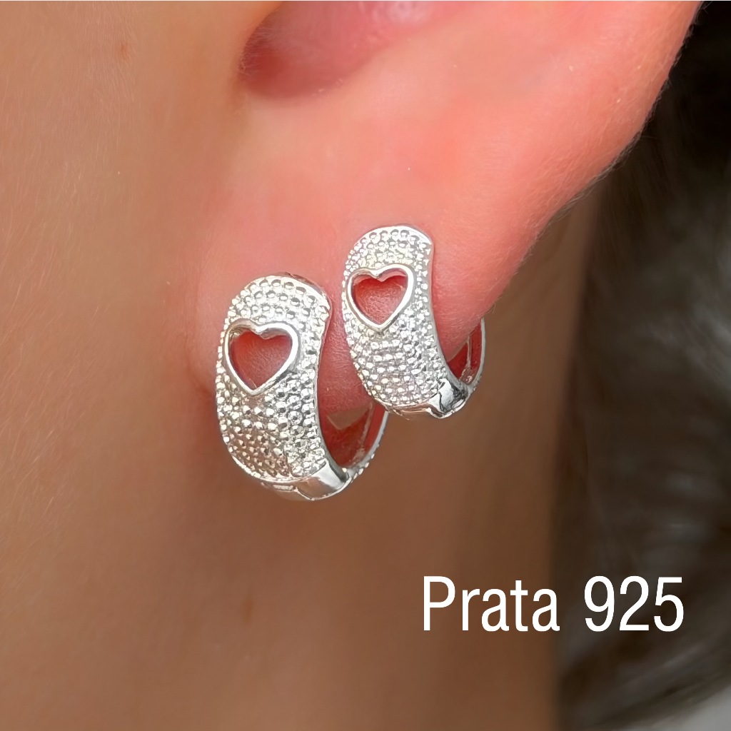 Trio Brincos Feminino Prata 925 Argolas Craquelada Coração Fecho Click Direto da Fabrica 2 pares em Oferta na Shopee