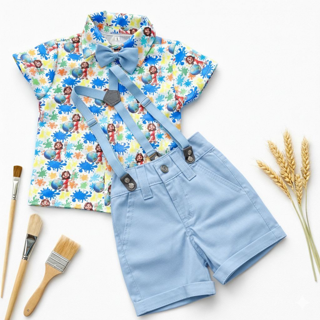 conjunto tematico social camisa SHORT BRIM JESUS O MAIOR PINTOR DO MUNDO AQUARELA
