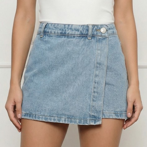 Short Saia Assimetrico Jeans Feminino Cintura Alta com Bolso e Versátil Tendência Confortavel