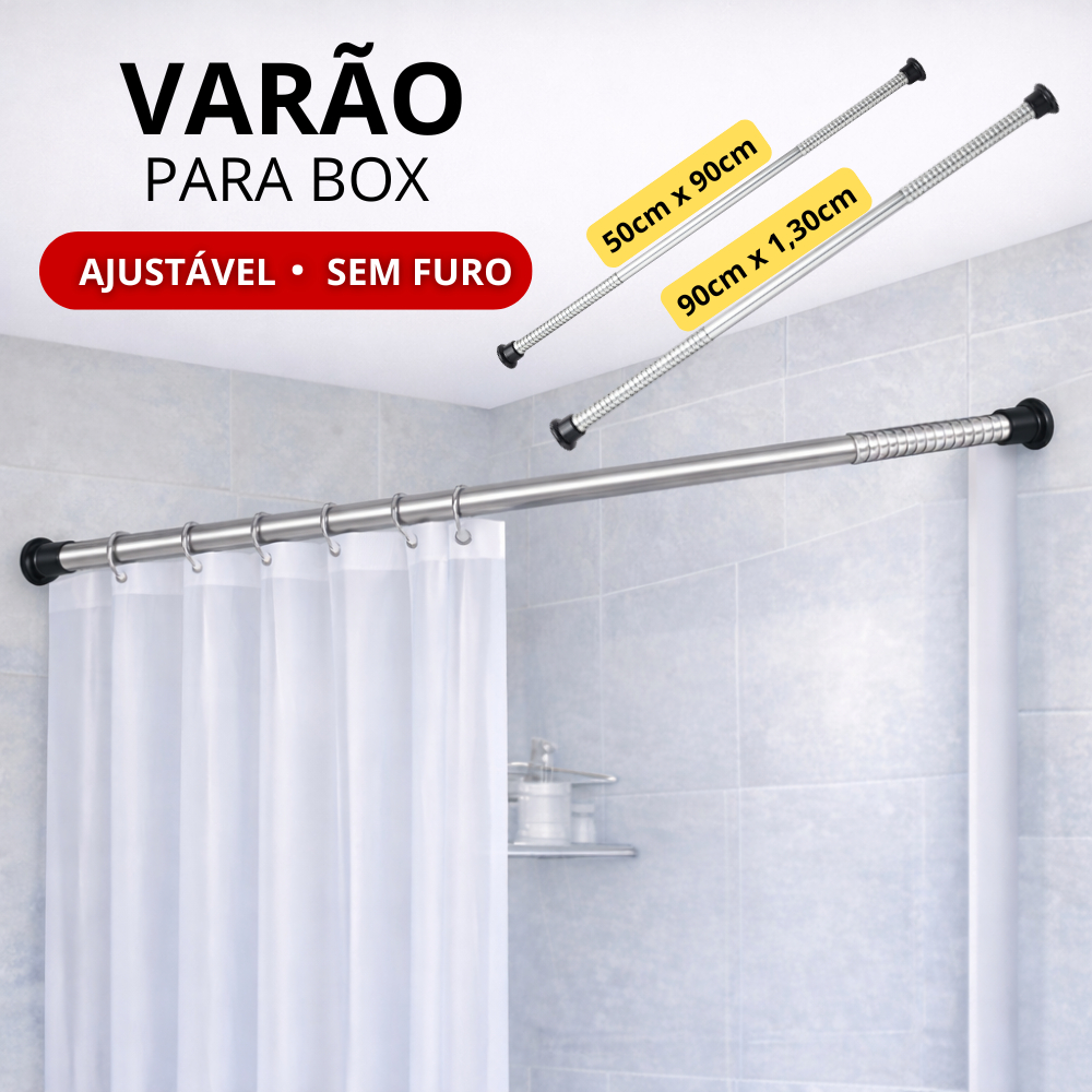 Bastão Varão Tubo Extensível para Cortina de Box Banheiro Ajustável em Alumínio Sem Furar Parede