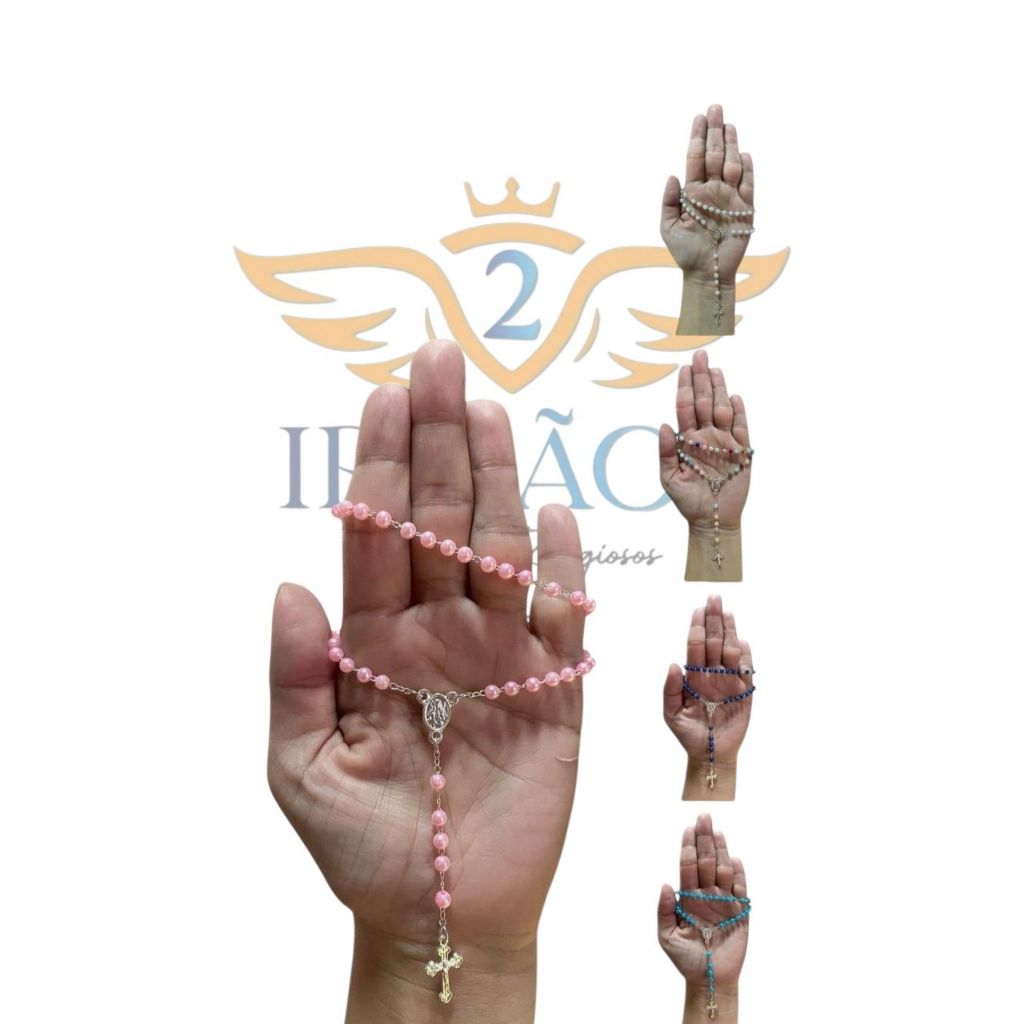 Terço católico de mini pérola para lembrancinhas / Batizados / Primeira eucaristia