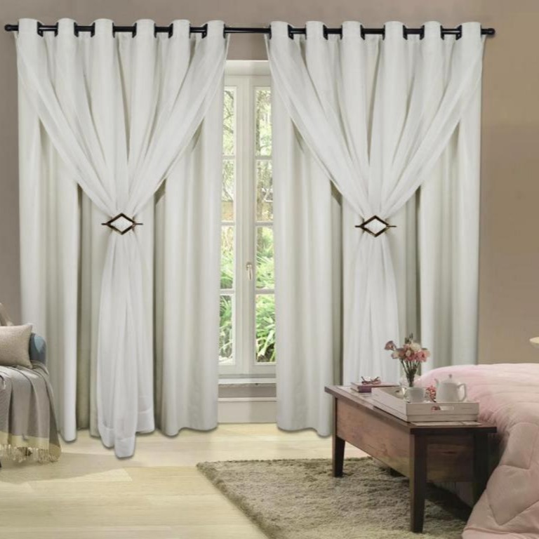 Cortina Corta Luz 3,00m X 2,80m 100% Blackout Com Voil Branco Para Sala Ou Quarto Varão Simples