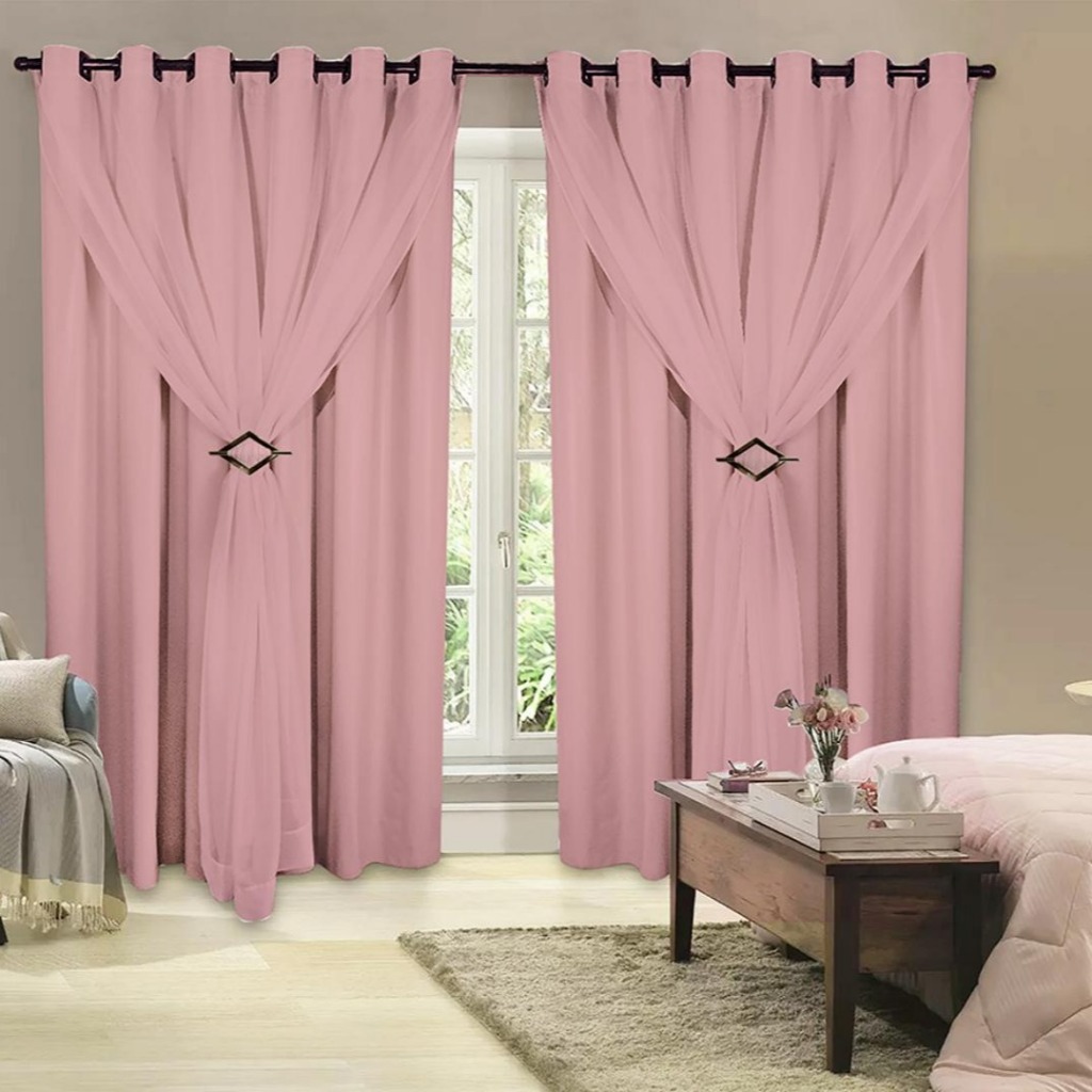 Cortina Corta Luz 3,00m X 2,40m 100% Blackout Com Voil Rosa Para Sala Ou Quarto Varão Simples em Oferta na Shopee