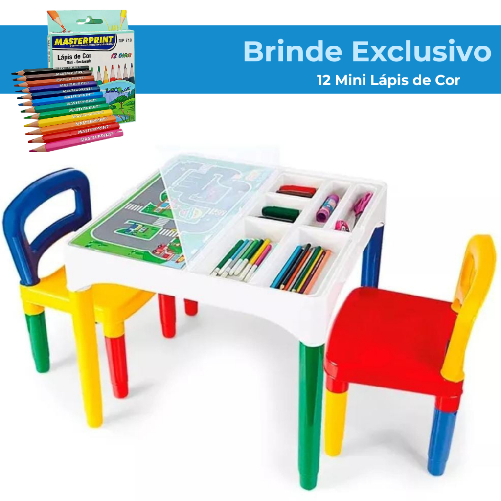 Mesinha Mesa Infantil Didática Poliplac com 2 Cadeiras + Brinde Mini Lápis de Cor