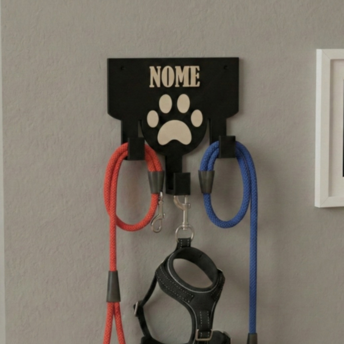 Porta Coleira Personalizado com Nome do Pet - Suporte de Parede para Guia e Peitoral Cachorro 3 Ganchos