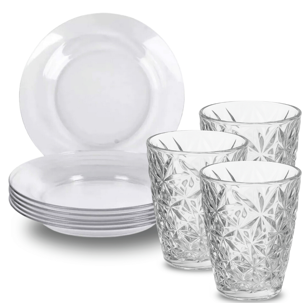 Jogo de Copo e Pratos de Vidro Transparente Milano em Oferta na Shopee