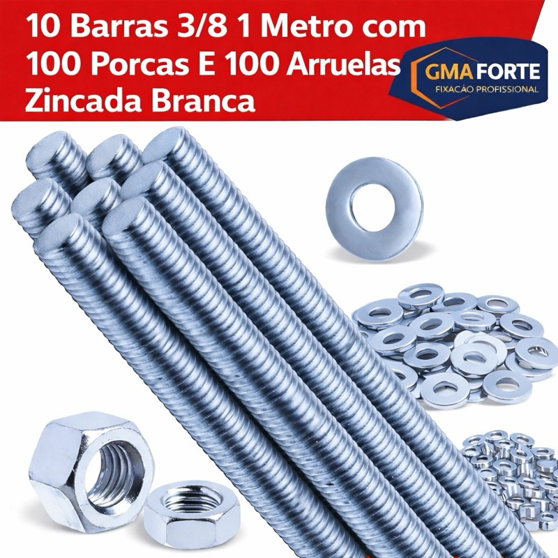kit 10 Barras Roscadas de 1 Metro 3/8 + 100 Arruelas + 100 Porcas sextavada zincada