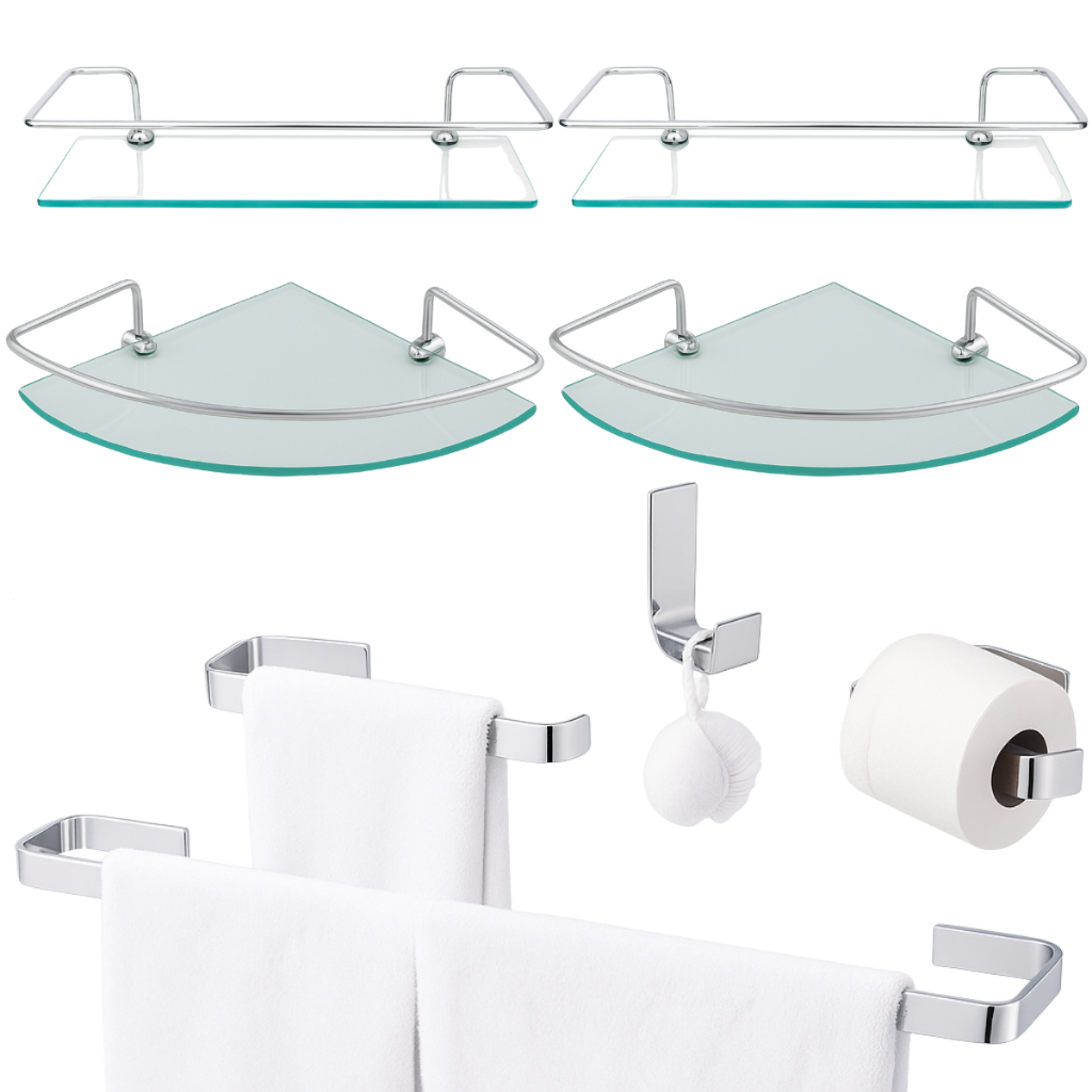 Kit Acessórios Conjunto Banheiro Inox  Peças + Porta Shampoo Prateleira Vidro Canto Ou Reto em Oferta na Shopee